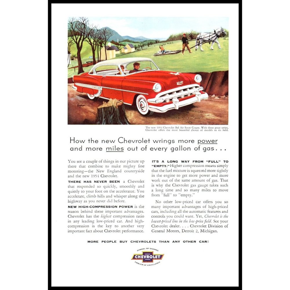 1954 Chevy Bel Air Sport Coupe Vintage Print Ad Country Drive Horse Farm Art
